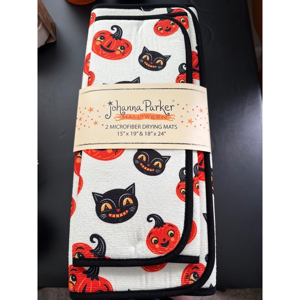 Johanna Parker Halloween Drying Mats Set of 2 Black Cat Pumpkin NWT 15x19 18x24